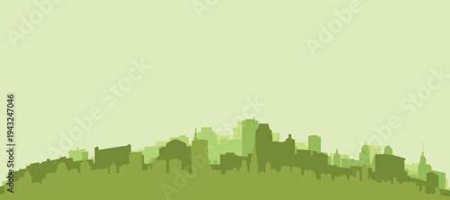Green panoramic poster of the city skyline with solid background buildings on a hilly terrain of PROVIDENCE, UNITED STATES