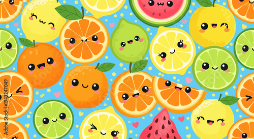 Cute Kawaii Citrus Fruits and Watermelon Vector Pattern with Happy Faces on Blue Background for Summer Designs, Kids Products, and Healthy Food Concepts