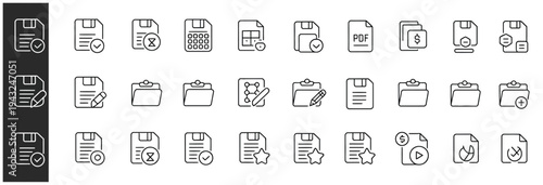 Detailed document and file management line icons for office productivity and digital organization.
