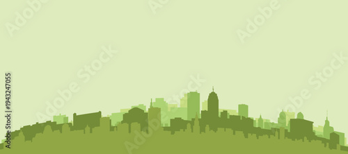 Green panoramic poster of the city skyline with solid background buildings on a hilly terrain of LANSING, UNITED STATES