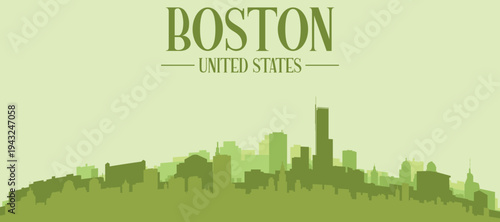 Green panoramic poster of the city skyline with solid background buildings on a hilly terrain of BOSTON, UNITED STATES
