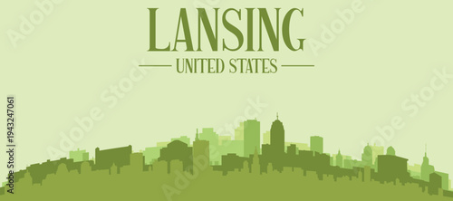 Green panoramic poster of the city skyline with solid background buildings on a hilly terrain of LANSING, UNITED STATES