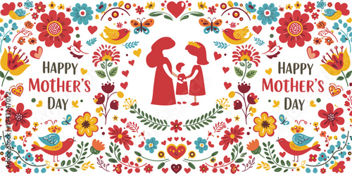 Mother and child in colorful floral design for mother s day