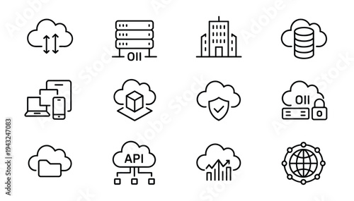 Complete cloud infrastructure and data center line icons for global networking and digital services.