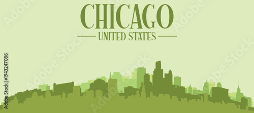 Green panoramic poster of the city skyline with solid background buildings on a hilly terrain of CHICAGO, UNITED STATES