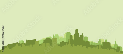 Green panoramic poster of the city skyline with solid background buildings on a hilly terrain of CHICAGO, UNITED STATES