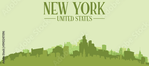 Green panoramic poster of the city skyline with solid background buildings on a hilly terrain of NEW YORK, UNITED STATES