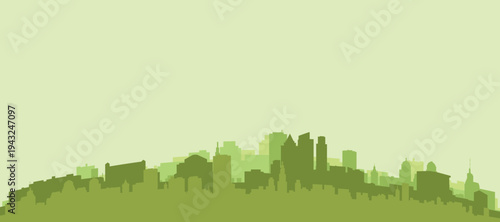 Green panoramic poster of the city skyline with solid background buildings on a hilly terrain of PHILADELPHIA, UNITED STATES