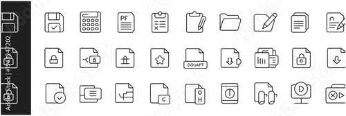 Comprehensive collection of file and document line icons for data management, security, and office tasks, isolated on white.