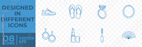 A flat vector graphic design featuring eight different icons related to fashion and beauty, including shoes, jewelry, and cosmetics.