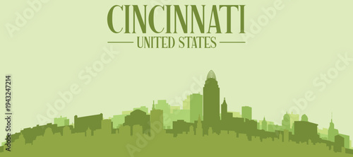Green panoramic poster of the city skyline with solid background buildings on a hilly terrain of CINCINNATI, UNITED STATES