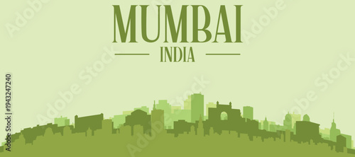 Green panoramic poster of the city skyline with solid background buildings on a hilly terrain of MUMBAI, INDIA