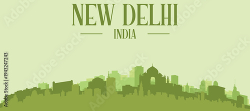 Green panoramic poster of the city skyline with solid background buildings on a hilly terrain of NEW DELHI, INDIA