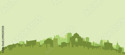 Green panoramic poster of the city skyline with solid background buildings on a hilly terrain of NEW DELHI, INDIA