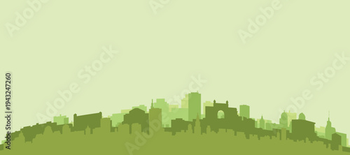 Green panoramic poster of the city skyline with solid background buildings on a hilly terrain of MUMBAI, INDIA