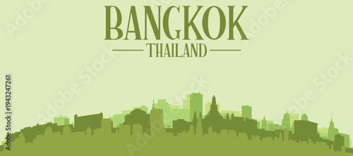 Green panoramic poster of the city skyline with solid background buildings on a hilly terrain of BANGKOK, THAILAND