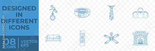 A collection of 8 flat vector icons featuring various home and accessory items, including furniture and decor.