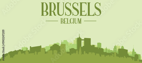 Green panoramic poster of the city skyline with solid background buildings on a hilly terrain of BRUSSELS, BELGIUM