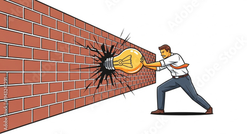 Man Breaking Brick Wall with Sledgehammer.
