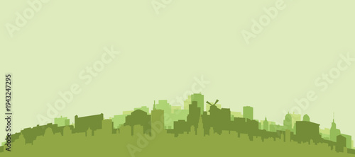 Green panoramic poster of the city skyline with solid background buildings on a hilly terrain of PARIS, FRANCE