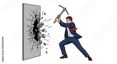Man Breaking Down Wall with Hammer.
