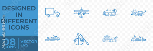 A flat vector graphic design featuring 8 icons of various vehicles and outdoor activities, including a truck, airplane, ship, speedboat, jet ski, tent, bicycle, and motorcycle.