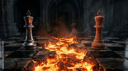 Low angle cinematic shot of two opposing chess kings divided by a burning lava chasm on a cracked chessboard, conceptualizing the geopolitical conflict between America and Iran and its severe global e