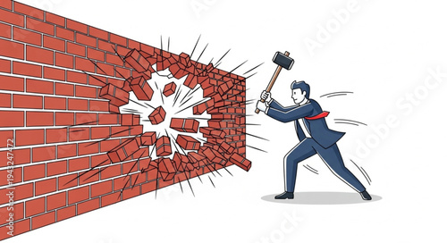 Man Breaking Down Brick Wall.