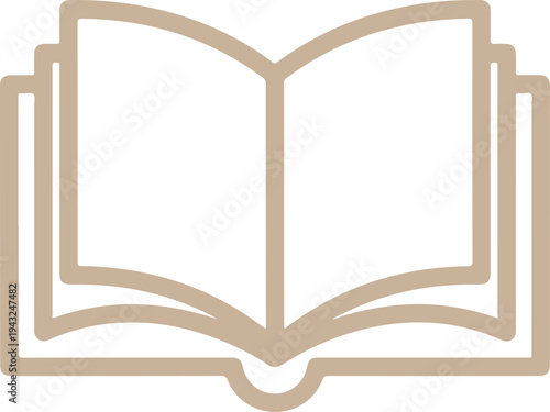 An open book with a yellowish spine and white pages, set against a light gray background. Vector, illustration