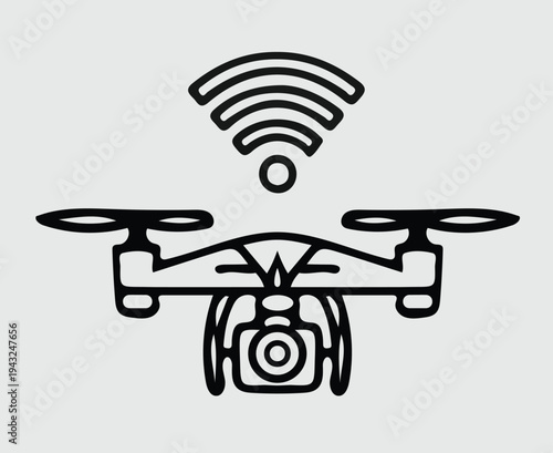Drone outline icon with Wi Fi signal isolated on white background