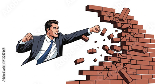 Man Breaking Through Brick Wall.