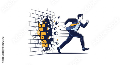 Man Breaking Through Brick Wall.