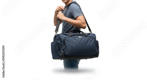 Man holding large navy blue duffel bag with black straps