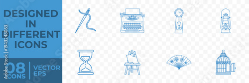A collection of eight flat vector icons including a dancer, typewriter, clock, lantern, hourglass, easel, fan, and birdcage, designed in a simple and minimalist style.