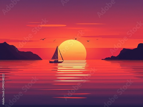 Wallpaper Mural Stylized illustration of a sailboat on calm sea during sunset with birds and mountains. Vibrant colorful seascape with reflections on water. Torontodigital.ca