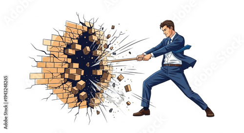 Man Breaking Through Brick Wall.