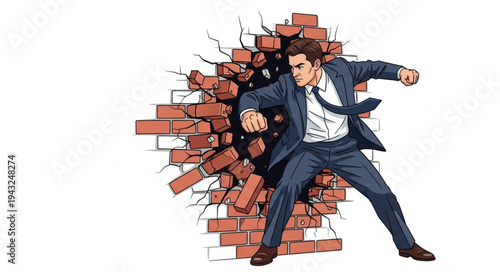 Man Breaking Through Brick Wall.