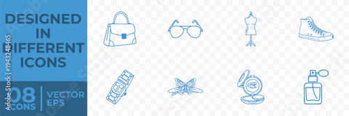 A set of 8 flat vector icons featuring fashion items, including a handbag, glasses, and perfume.