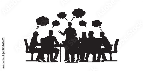 Business meeting with diverse team members discussing ideas and strategies around a conference table, visualized with icons.