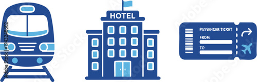 Set of 3 travel icons vector, hotel, train, passport