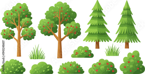 Set of 12 Cartoon Trees and Bushes Vector Illustration Collection for Nature, Park, Garden, or Forest Landscape Design Elements