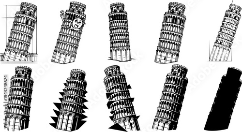 Eight black and white illustrations of the Leaning Tower of Pisa in various tilt angles and styles on a isolated on white background

