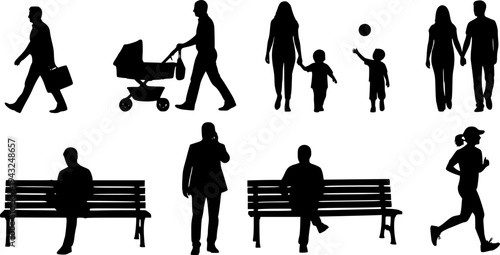 Collection of human silhouettes in various daily life situations and actions isolated on white background

