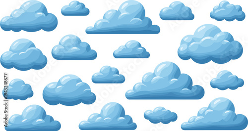 Cartoon Blue Clouds Collection with Fluffy Sky Elements in Different Shapes Vector Illustration Set