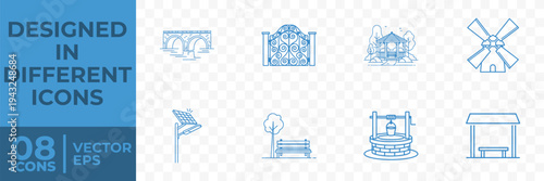 A flat vector design featuring 8 different icons representing rural elements, including a windmill, well, and bench.