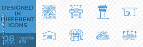 A collection of 8 flat vector icons featuring various airport and building designs, including airport terminals, gates, and structures.