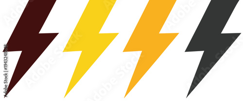 Flat style lightning bolt icon collection, red, yellow, and black energy symbols, electric power emblems, minimalist thunderbolt row, simple bold design for electricity and energy concept vector