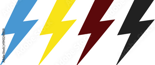 Lightning bolt icons in red, yellow, and black, flat style energy symbols, minimalist row of thunderbolts, power icons, electric emblems, striking imagery, simple shapes, and bold design