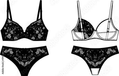 Lingerie set, bra and panty fashion design, underwear technical sketch, CAD drawing, flat vector illustration, intimate apparel template
