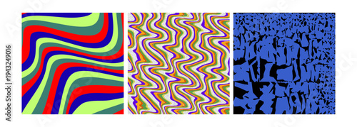 Set of 3 Abstract Vector Backgrounds with Wavy and Distorted Patterns in Vibrant Red, Green, Blue, and Brown Tones for Modern Design